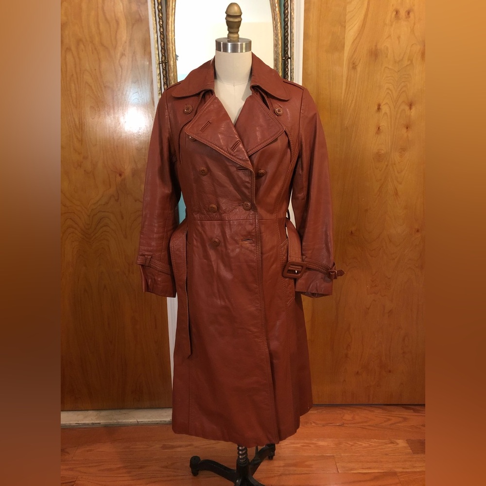 Vintage rich brown leather trench coat, original 1960s JCPenney, size 10